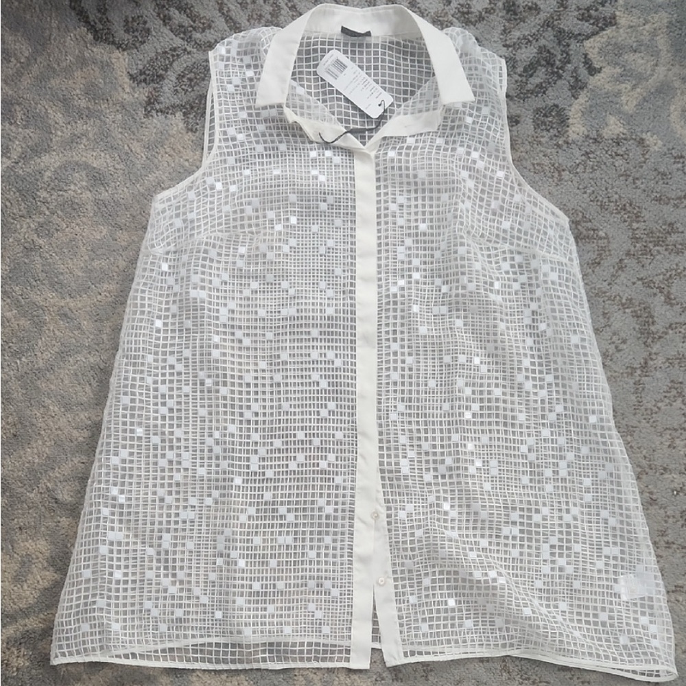 Akris NWT Sheer Mosaic Sleeveless Blouse White Size 14